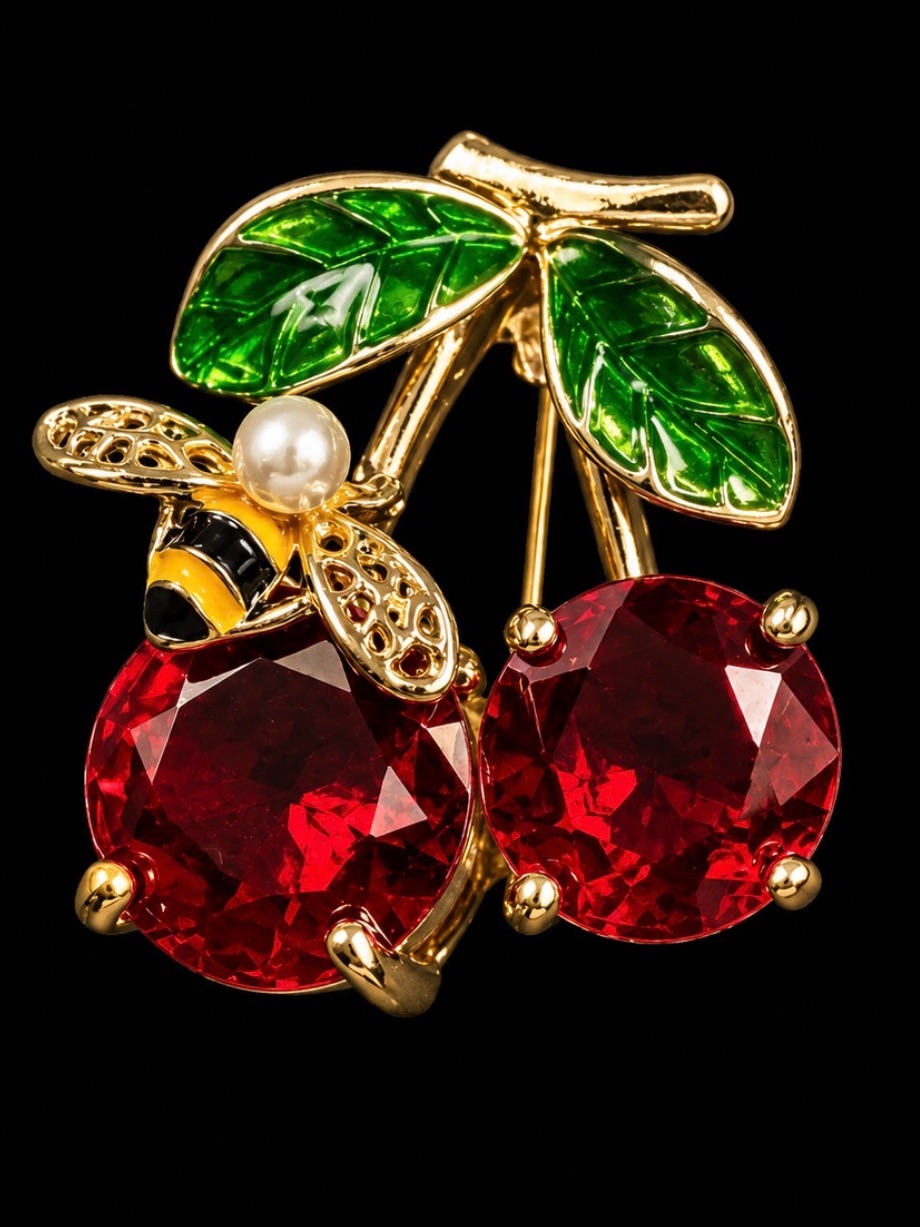 Gold-Tone Cherry Brooch With Red Crystals And Green Enamel Leaves